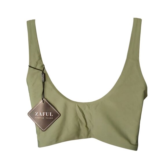 Zaful Women Snap Front Crop Tank Swim TOP ONLY Med Green Knotted Tie Front - Picture 7 of 7